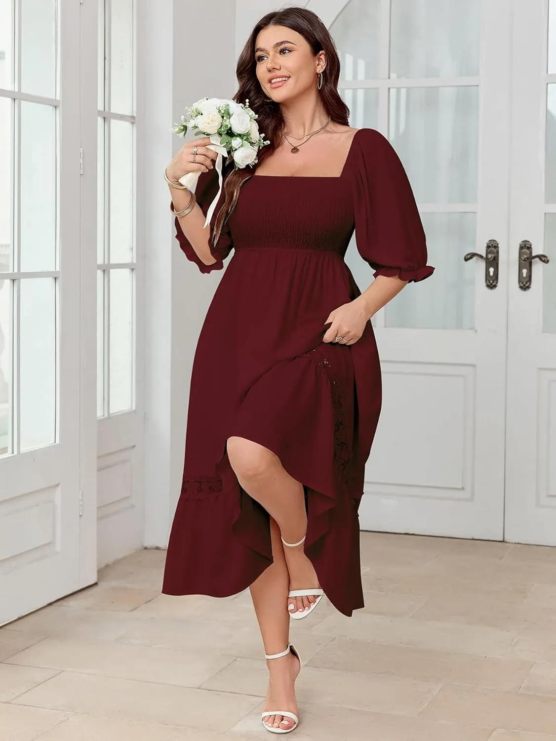 SCOMCHIC Women's Plus Size Maxi Dress Short Sleeve Square Neck Smocked Flowy A-Line Lace Trim Boho Wedding Guest Dresses