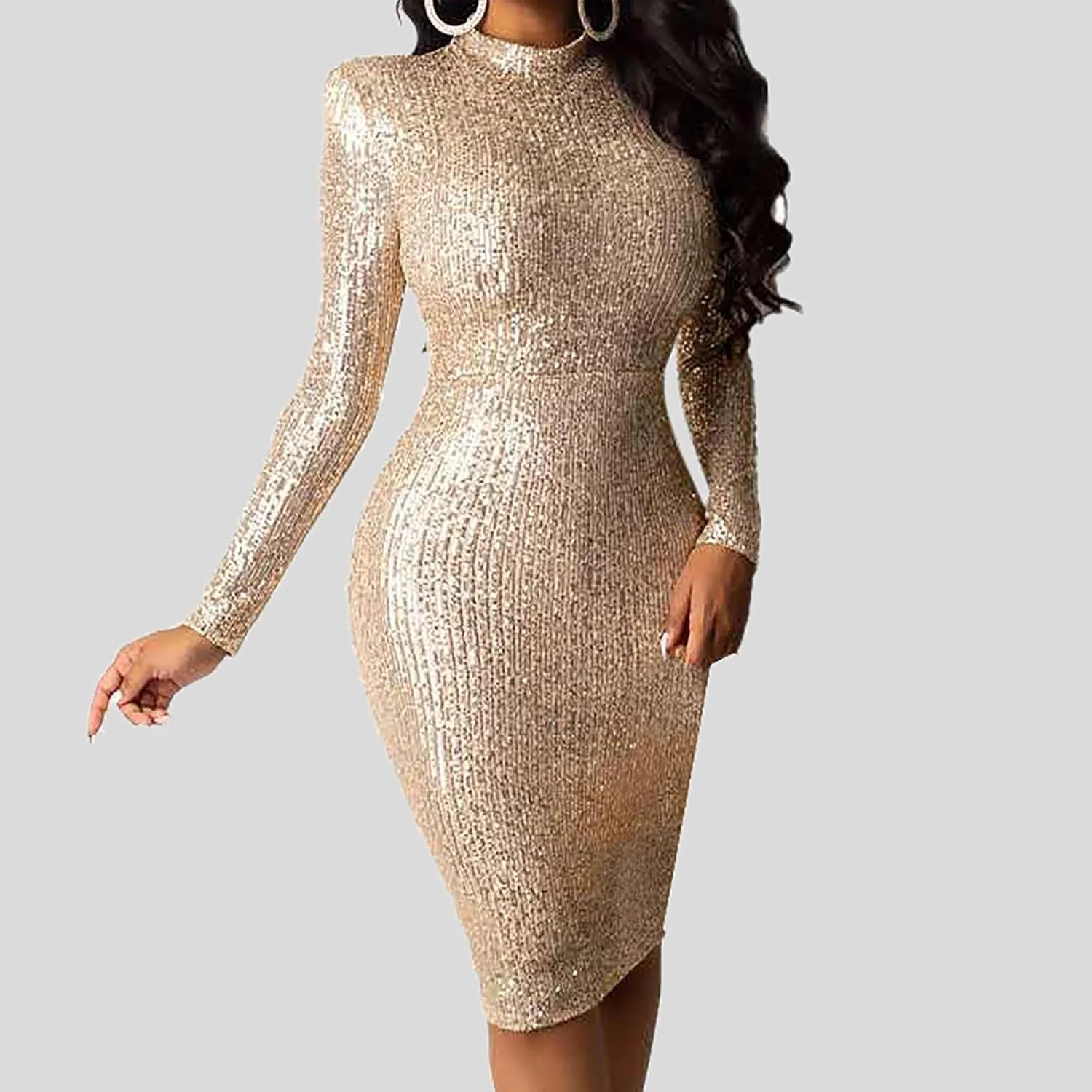 Sequin Dress for Women High Neck Long Sleeve Sparkle Mini Dress Sparkly Party Club Bodycon Slim Cocktail Dresses