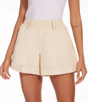 SESERAGI Womens Cotton Linen Shorts Trendy 2024 Casual Summer Elastic Waist Wide Leg Short with Pockets