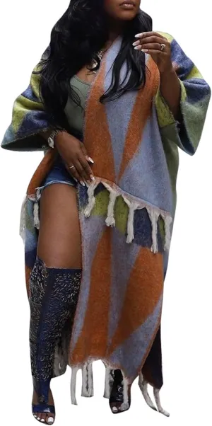 SHINFY Women's Fuzzy Long Cardigans Open Front Chunky Knit Color Block Tassel Fringe Duster Cardigan Sweater