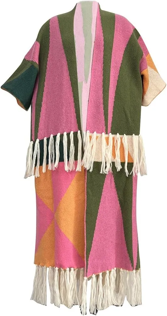 SHINFY Women's Fuzzy Long Cardigans Open Front Chunky Knit Color Block Tassel Fringe Duster Cardigan Sweater