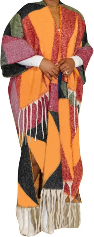 SHINFY Women's Fuzzy Long Cardigans Open Front Chunky Knit Color Block Tassel Fringe Duster Cardigan Sweater
