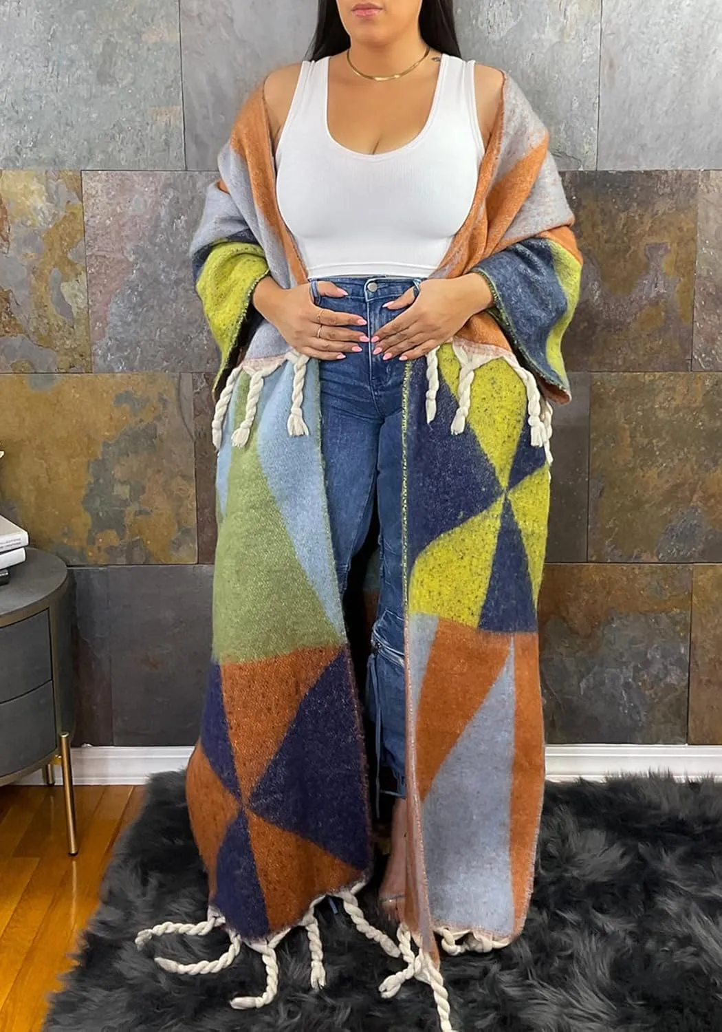 SHINFY Women's Fuzzy Long Cardigans Open Front Chunky Knit Color Block Tassel Fringe Duster Cardigan Sweater