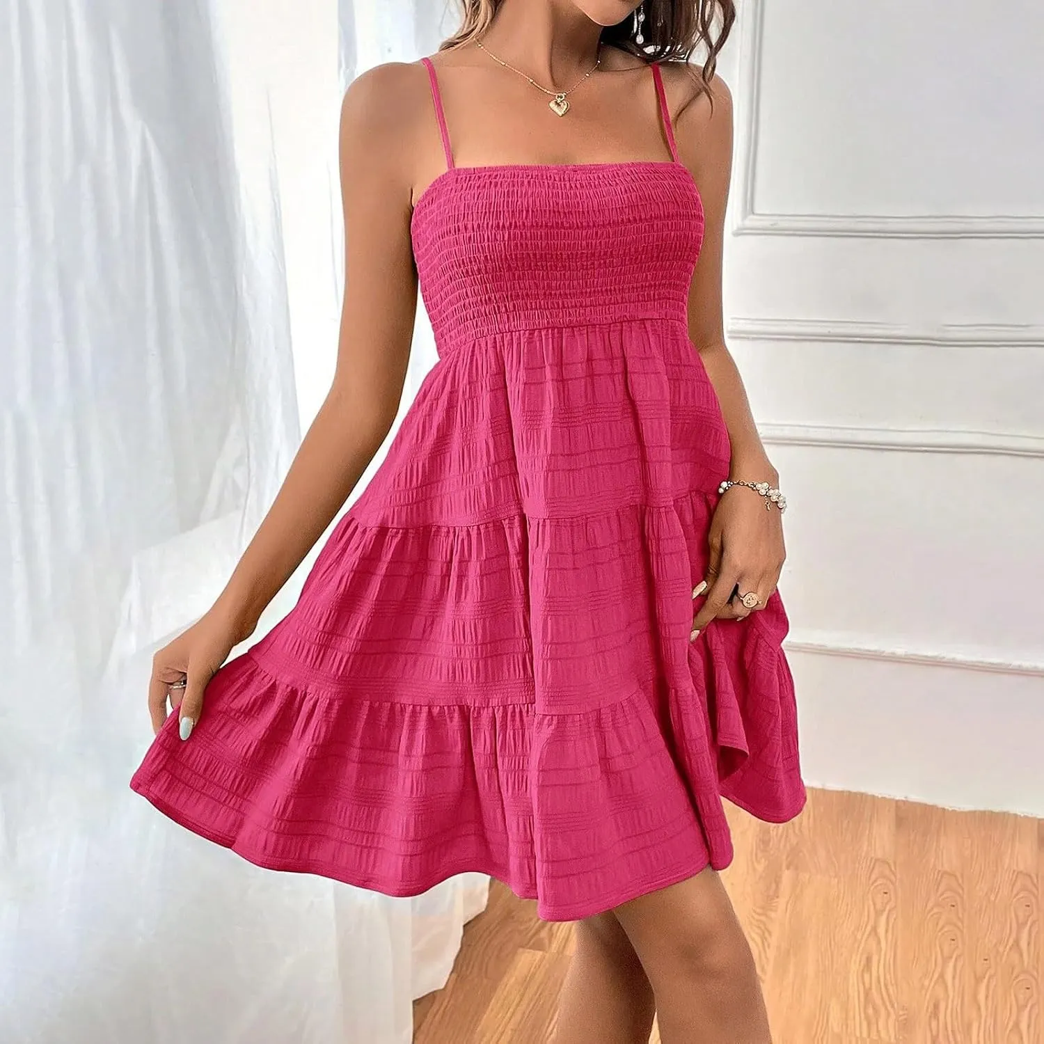 Short Summer Dresses for Women Ruffle Hem Spaghetti Strap Sundresses Casual Blackless Smocked Tiered Beach Dresses