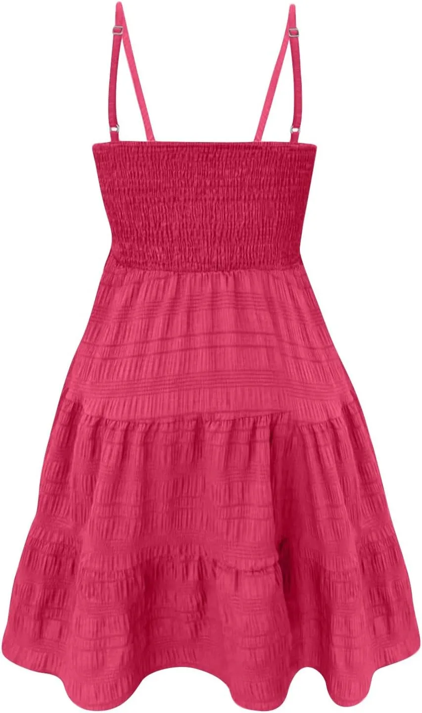 Short Summer Dresses for Women Ruffle Hem Spaghetti Strap Sundresses Casual Blackless Smocked Tiered Beach Dresses