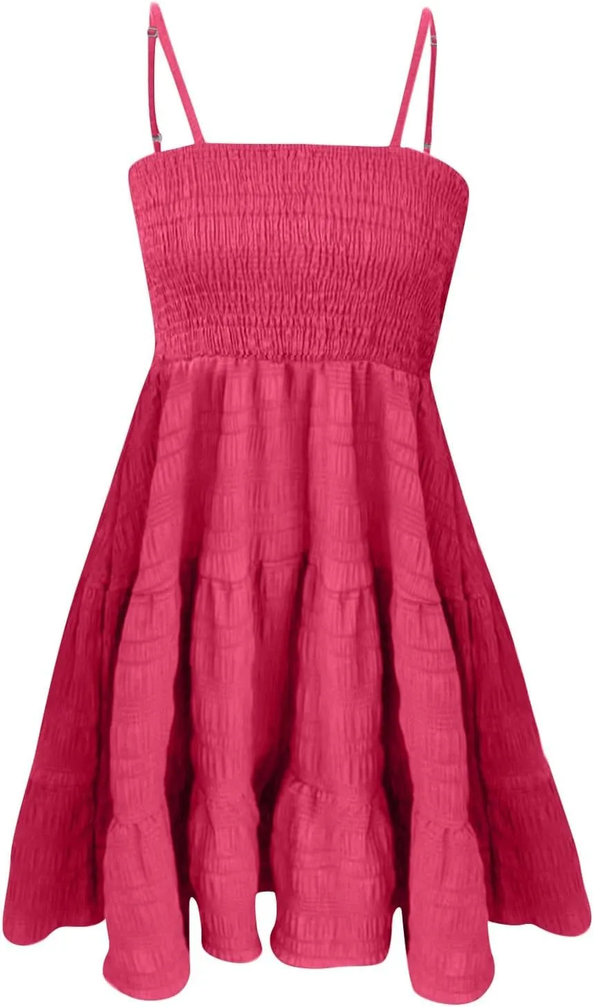 Short Summer Dresses for Women Ruffle Hem Spaghetti Strap Sundresses Casual Blackless Smocked Tiered Beach Dresses