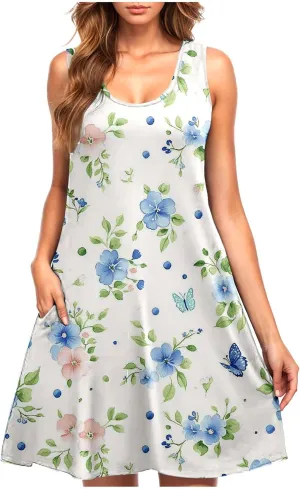 Sleeveless Dress for Women Loose Floral Print Round Neck Sundresses Summer Beach Tank Dress with Pockets