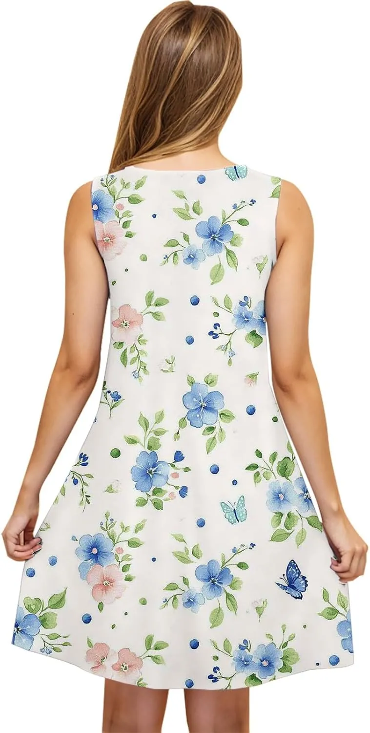Sleeveless Dress for Women Loose Floral Print Round Neck Sundresses Summer Beach Tank Dress with Pockets