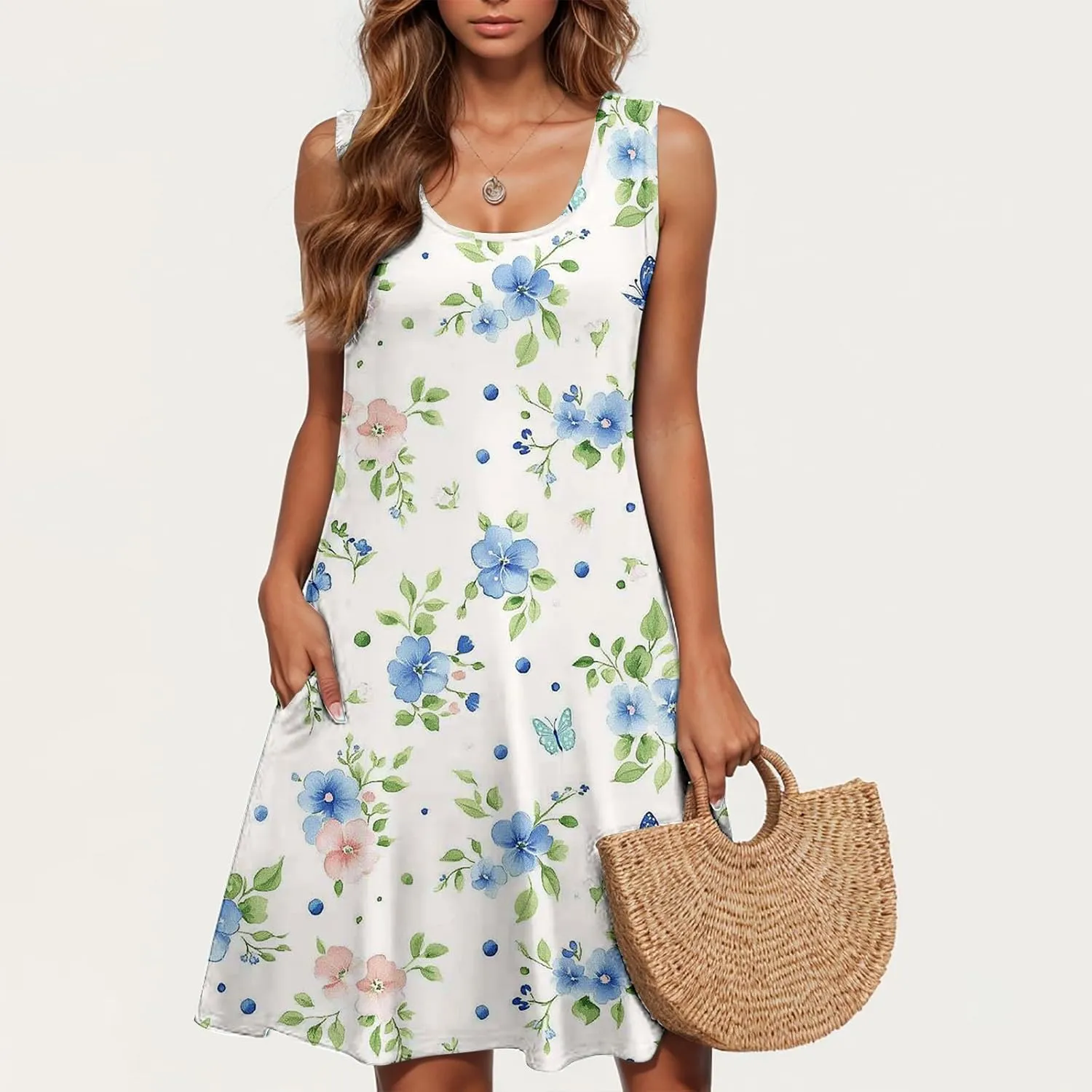 Sleeveless Dress for Women Loose Floral Print Round Neck Sundresses Summer Beach Tank Dress with Pockets