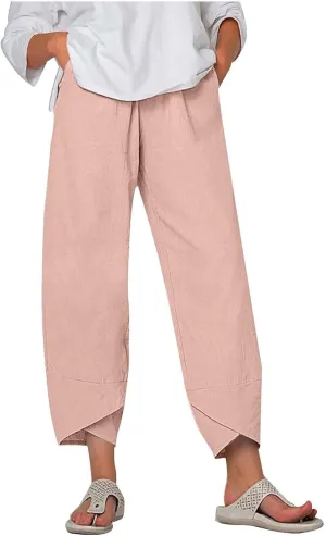 SMIDOW Capri Pants for Women Cotton Linen Wide Leg Capris Casual Summer Cropped Pants Beach Elastic Waist Baggy Crop Trousers