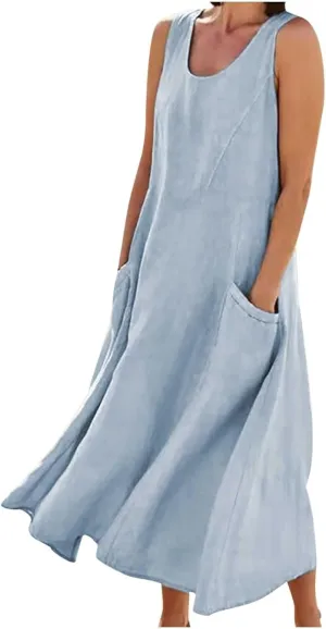 SMIDOW Cotton Dresses for Women Casual Summer 2024 Solid Beach Flowy Tshirt Sundress Sleeveless Tank Long Dress with Pockets
