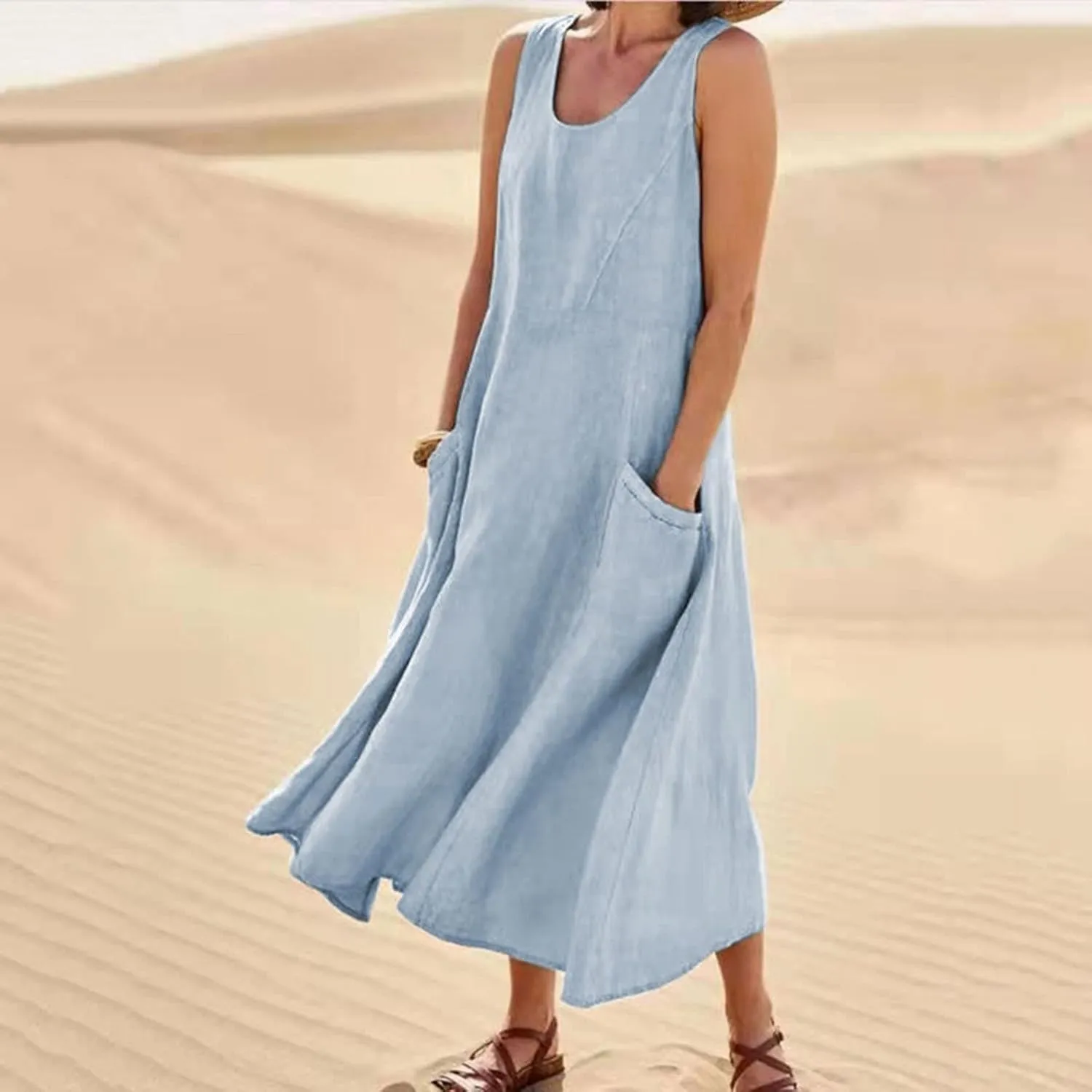 SMIDOW Cotton Dresses for Women Casual Summer 2024 Solid Beach Flowy Tshirt Sundress Sleeveless Tank Long Dress with Pockets