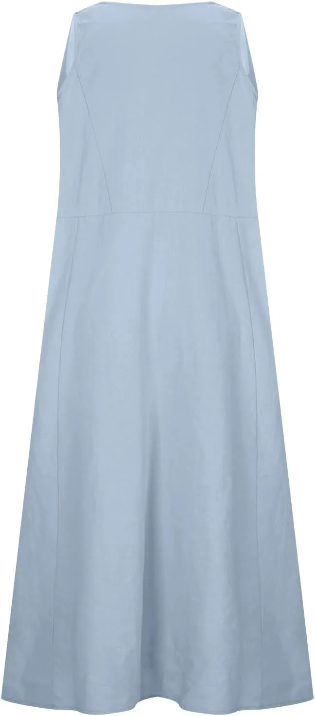 SMIDOW Cotton Dresses for Women Casual Summer 2024 Solid Beach Flowy Tshirt Sundress Sleeveless Tank Long Dress with Pockets