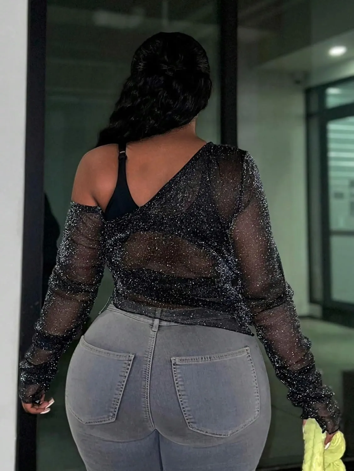 SOLY HUX Women's Plus Size T Shirts See Through Sheer Tops Off The Shoulder Long Sleeve Sexy Sparkly Tee
