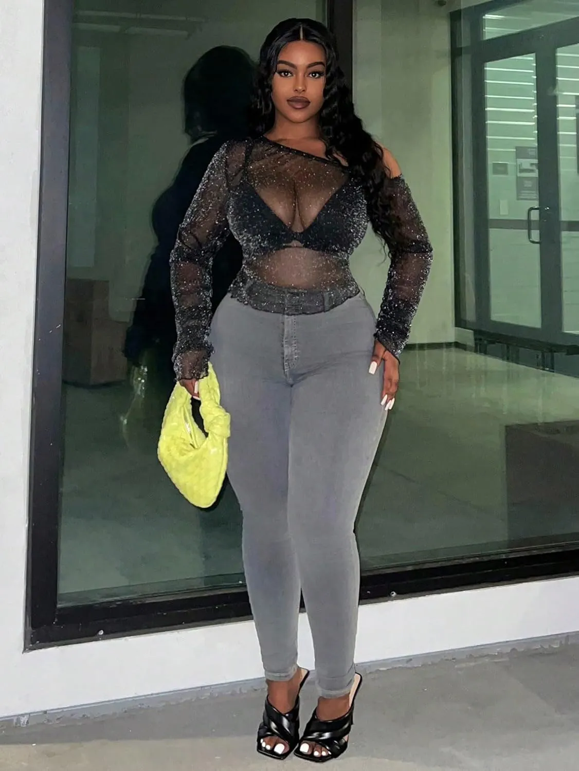 SOLY HUX Women's Plus Size T Shirts See Through Sheer Tops Off The Shoulder Long Sleeve Sexy Sparkly Tee