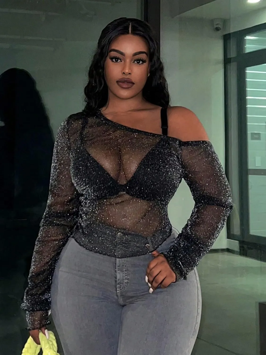 SOLY HUX Women's Plus Size T Shirts See Through Sheer Tops Off The Shoulder Long Sleeve Sexy Sparkly Tee