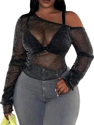 SOLY HUX Women's Plus Size T Shirts See Through Sheer Tops Off The Shoulder Long Sleeve Sexy Sparkly Tee