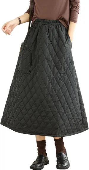 SOMTHRON Women's High Waist Quilted Skirt Padded A-Line Windproof Winter Warm Insulated Thicken Midi Long Skirt