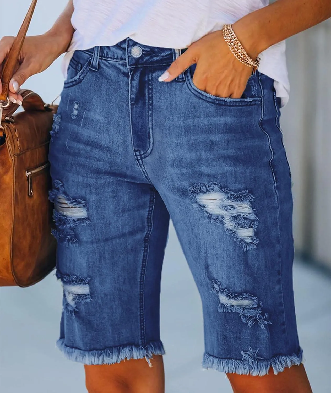 SOMTHRON Women's High Waisted Chain Ripped Capris Jeans Distressed Skinny Denim Shorts Sexy Party Clubwear Streetwear