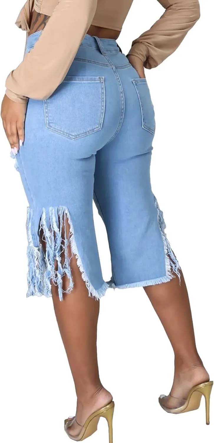 SOMTHRON Women's High Waisted Chain Ripped Capris Jeans Distressed Skinny Denim Shorts Sexy Party Clubwear Streetwear