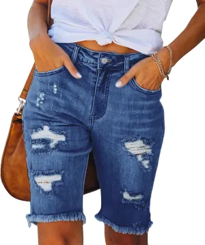 SOMTHRON Women's High Waisted Chain Ripped Capris Jeans Distressed Skinny Denim Shorts Sexy Party Clubwear Streetwear
