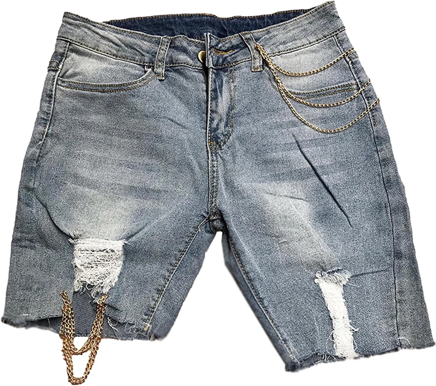 SOMTHRON Women's High Waisted Chain Ripped Capris Jeans Distressed Skinny Denim Shorts Sexy Party Clubwear Streetwear