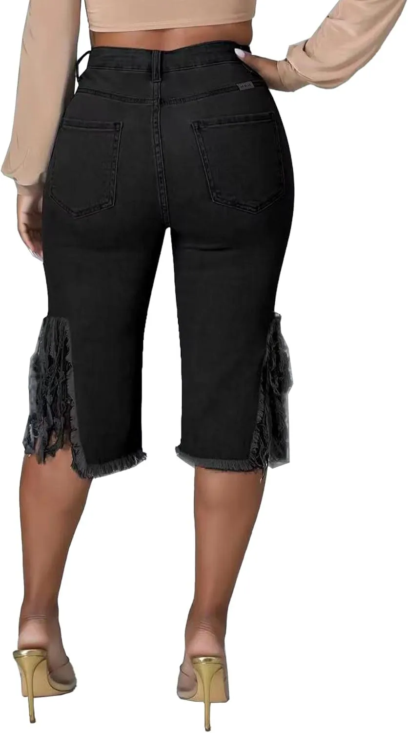 SOMTHRON Women's High Waisted Chain Ripped Capris Jeans Distressed Skinny Denim Shorts Sexy Party Clubwear Streetwear
