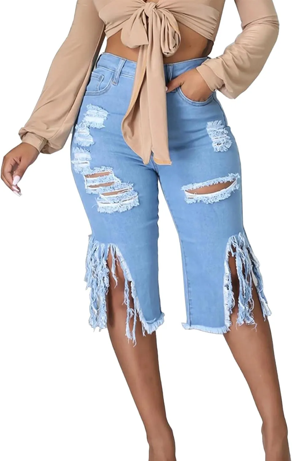 SOMTHRON Women's High Waisted Chain Ripped Capris Jeans Distressed Skinny Denim Shorts Sexy Party Clubwear Streetwear