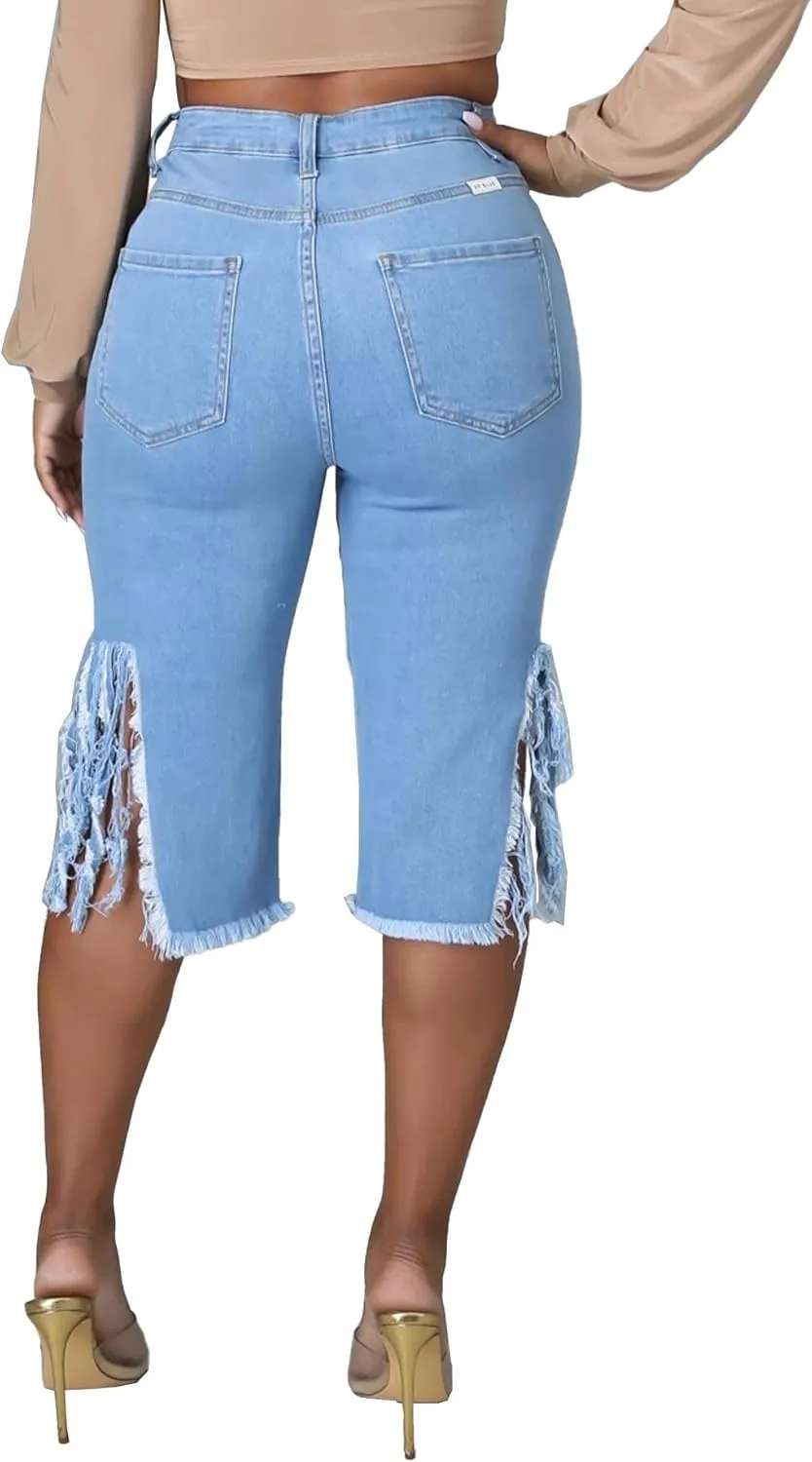 SOMTHRON Women's High Waisted Chain Ripped Capris Jeans Distressed Skinny Denim Shorts Sexy Party Clubwear Streetwear