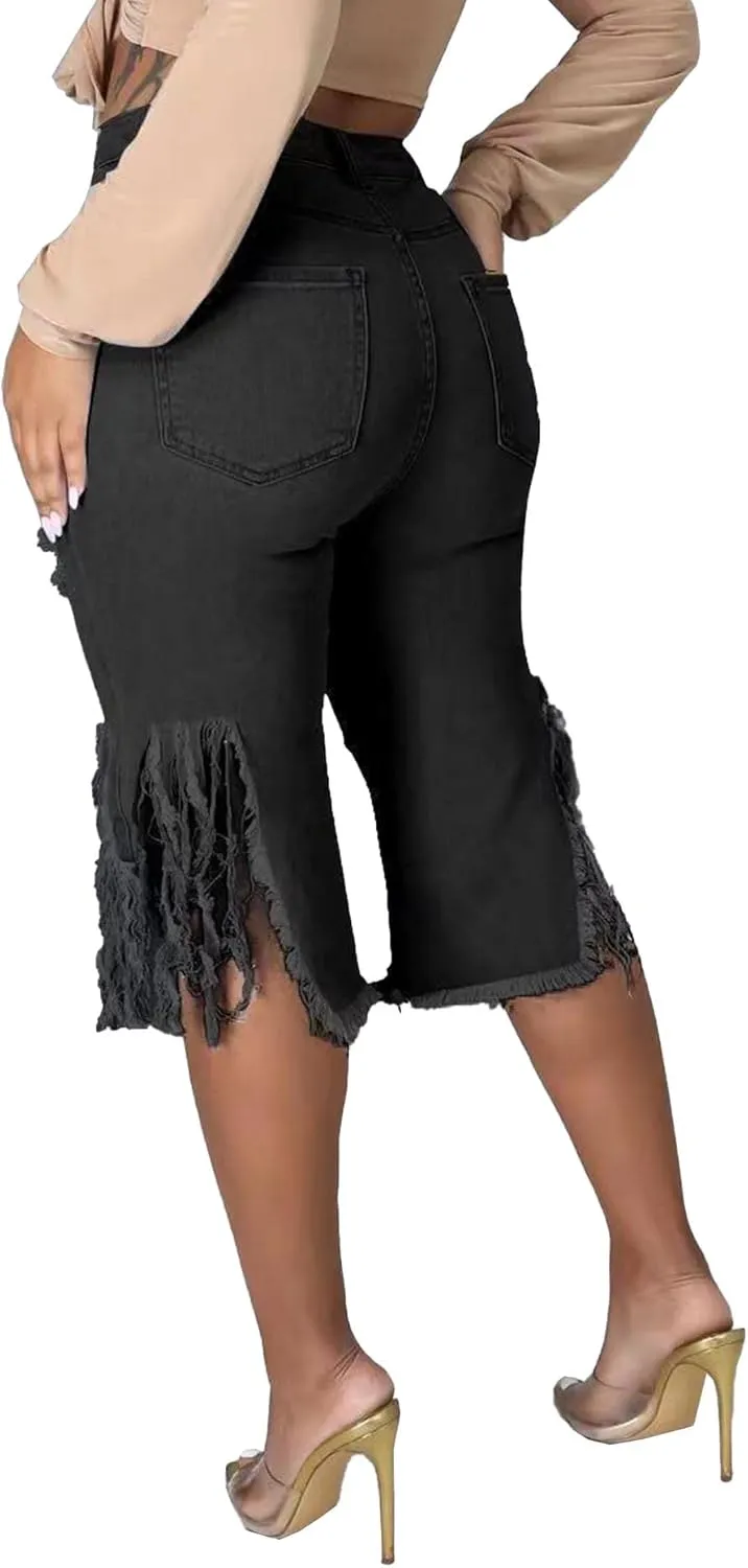 SOMTHRON Women's High Waisted Chain Ripped Capris Jeans Distressed Skinny Denim Shorts Sexy Party Clubwear Streetwear