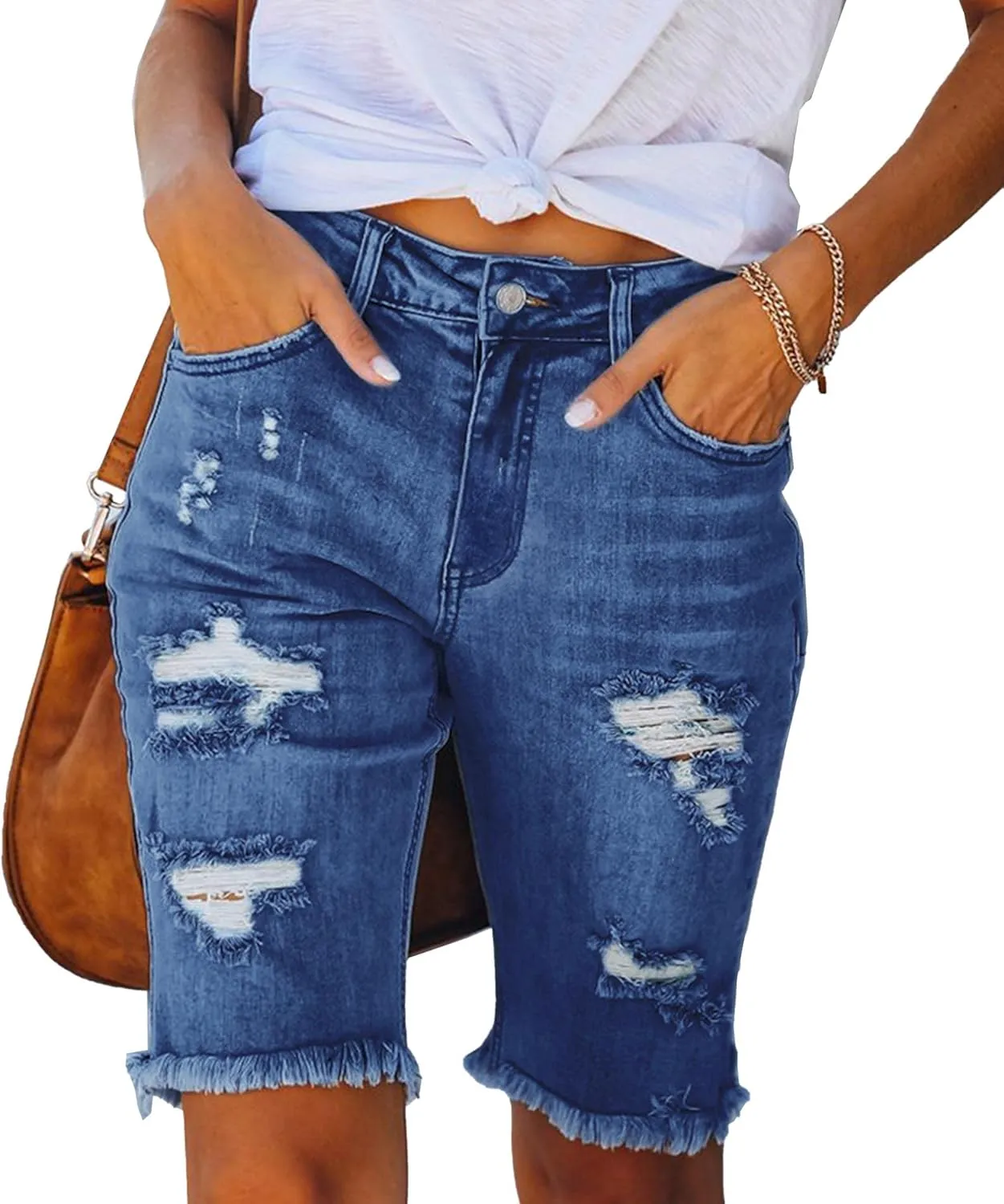 SOMTHRON Women's High Waisted Chain Ripped Capris Jeans Distressed Skinny Denim Shorts Sexy Party Clubwear Streetwear