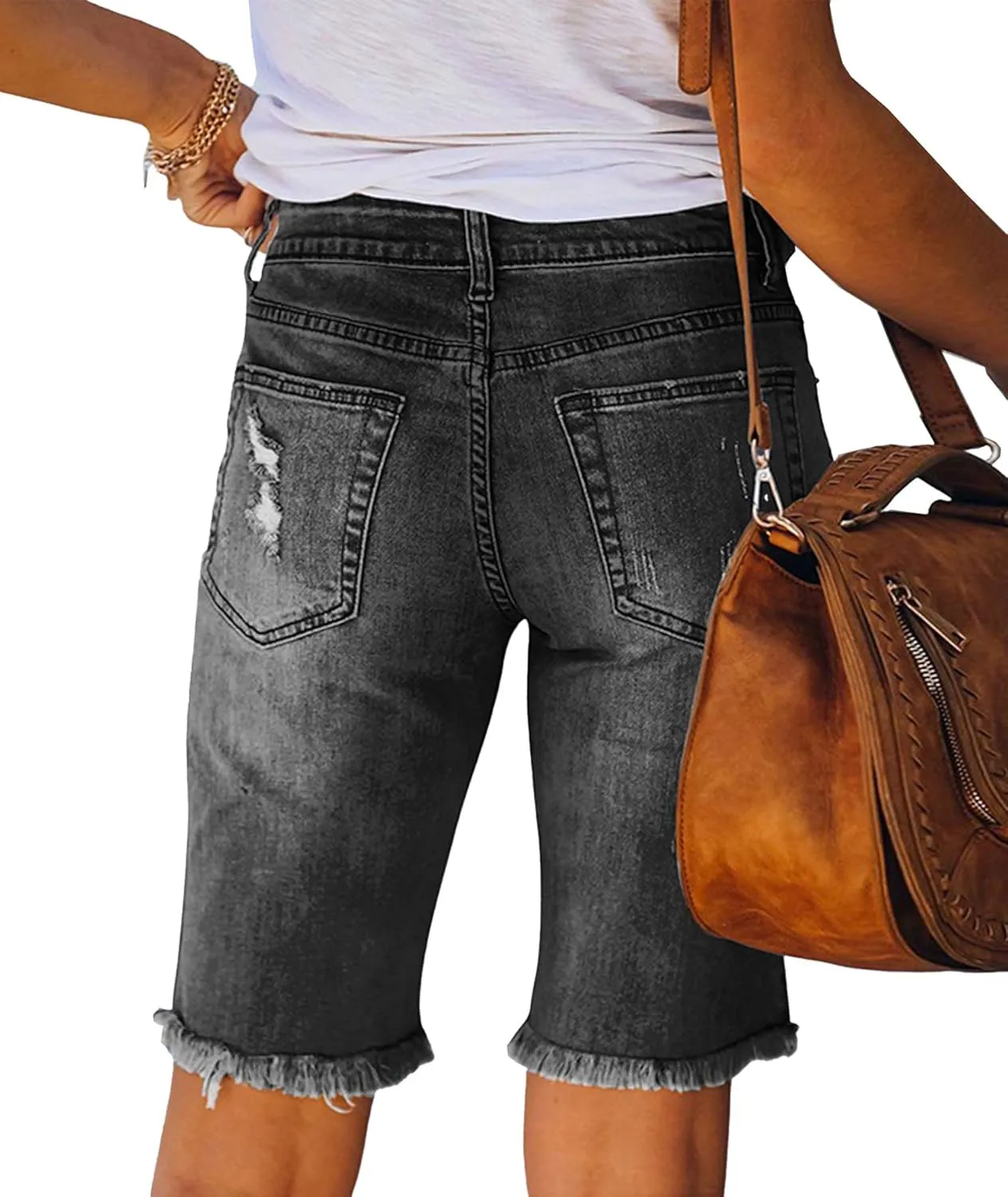 SOMTHRON Women's High Waisted Chain Ripped Capris Jeans Distressed Skinny Denim Shorts Sexy Party Clubwear Streetwear