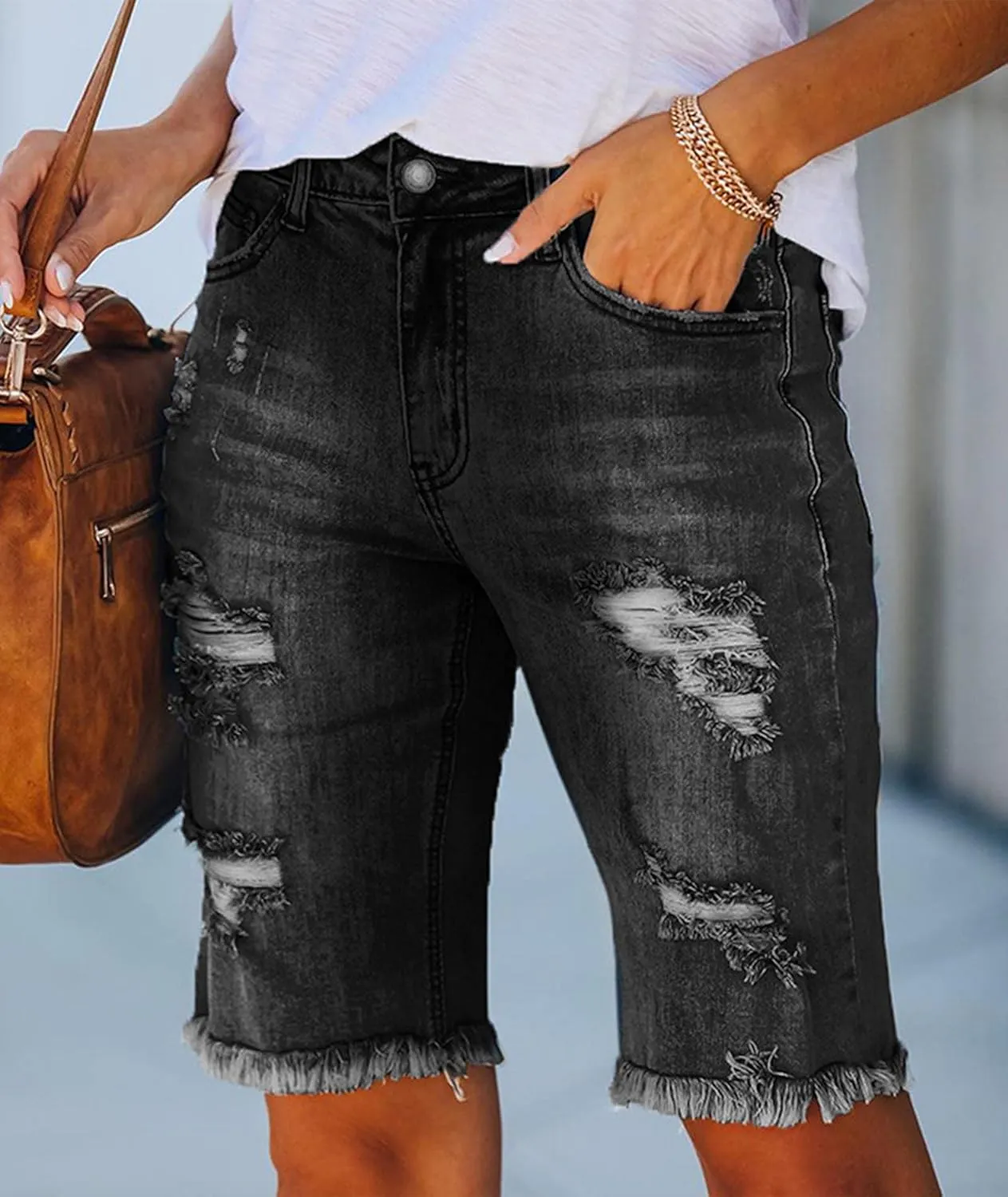 SOMTHRON Women's High Waisted Chain Ripped Capris Jeans Distressed Skinny Denim Shorts Sexy Party Clubwear Streetwear