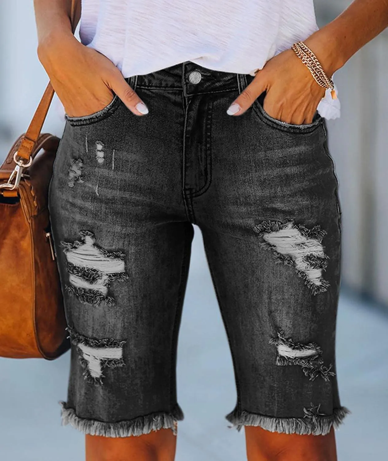 SOMTHRON Women's High Waisted Chain Ripped Capris Jeans Distressed Skinny Denim Shorts Sexy Party Clubwear Streetwear