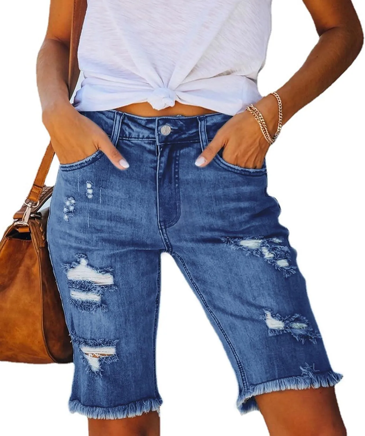 SOMTHRON Women's High Waisted Chain Ripped Capris Jeans Distressed Skinny Denim Shorts Sexy Party Clubwear Streetwear