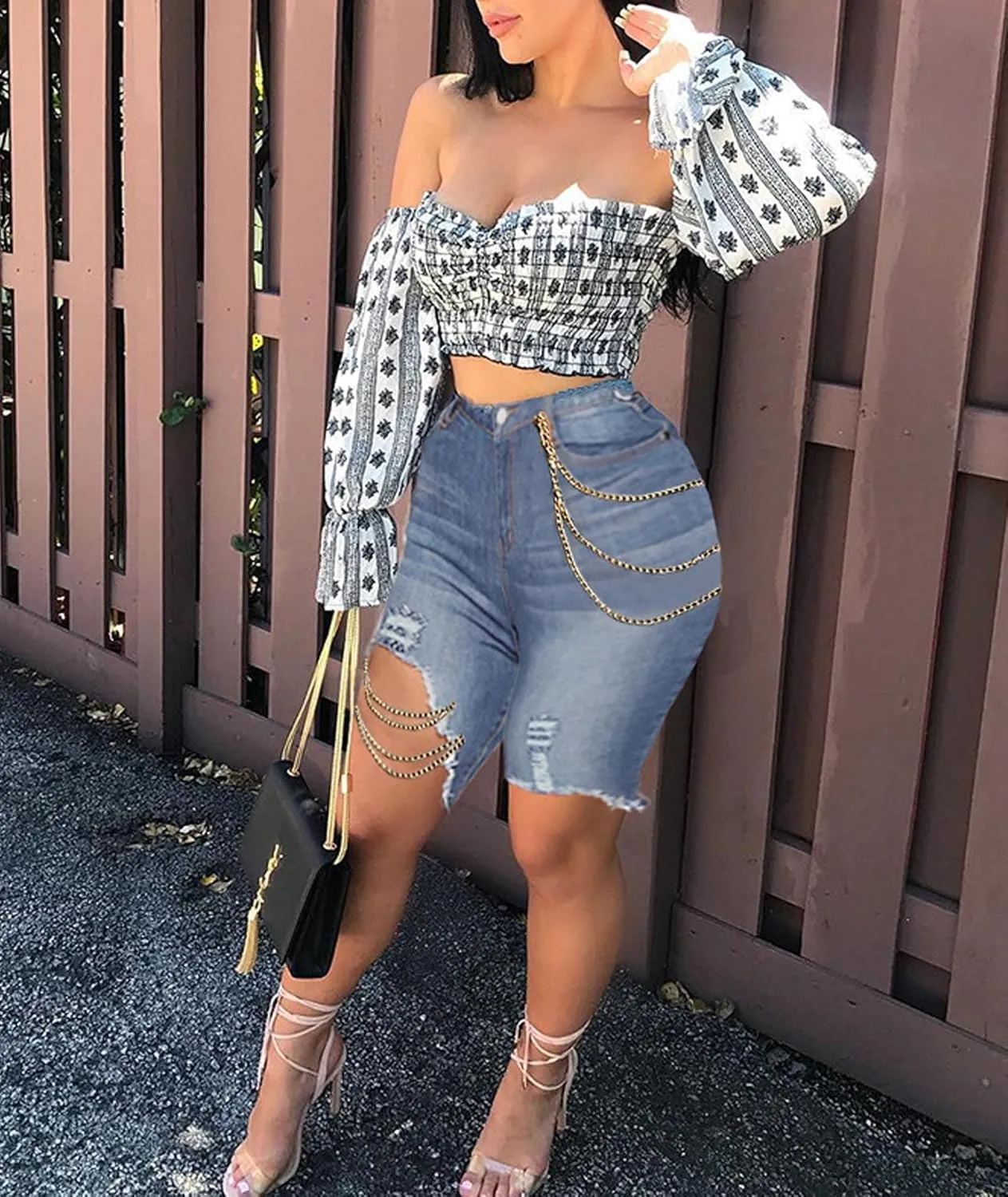 SOMTHRON Women's High Waisted Chain Ripped Capris Jeans Distressed Skinny Denim Shorts Sexy Party Clubwear Streetwear