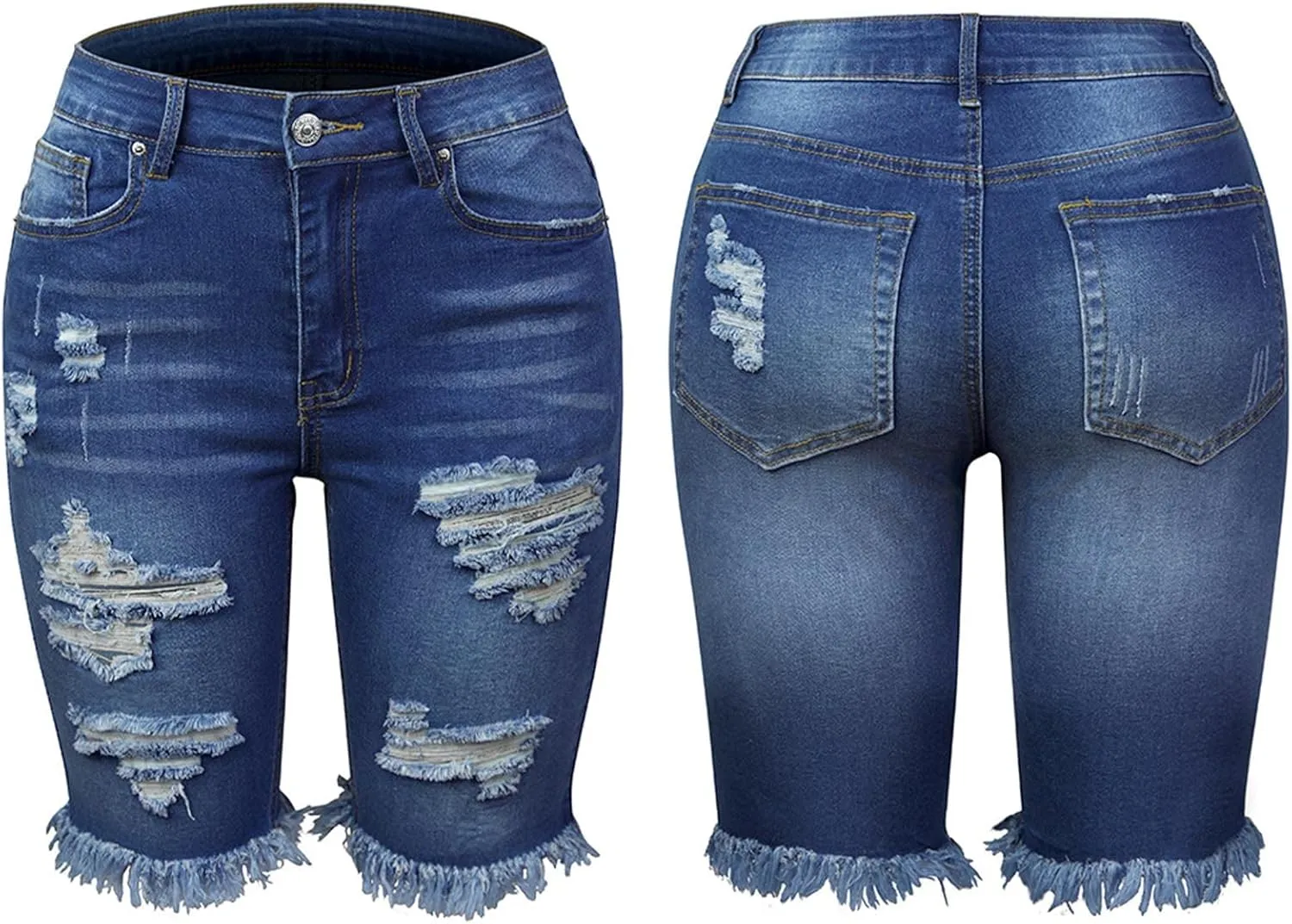 SOMTHRON Women's High Waisted Chain Ripped Capris Jeans Distressed Skinny Denim Shorts Sexy Party Clubwear Streetwear