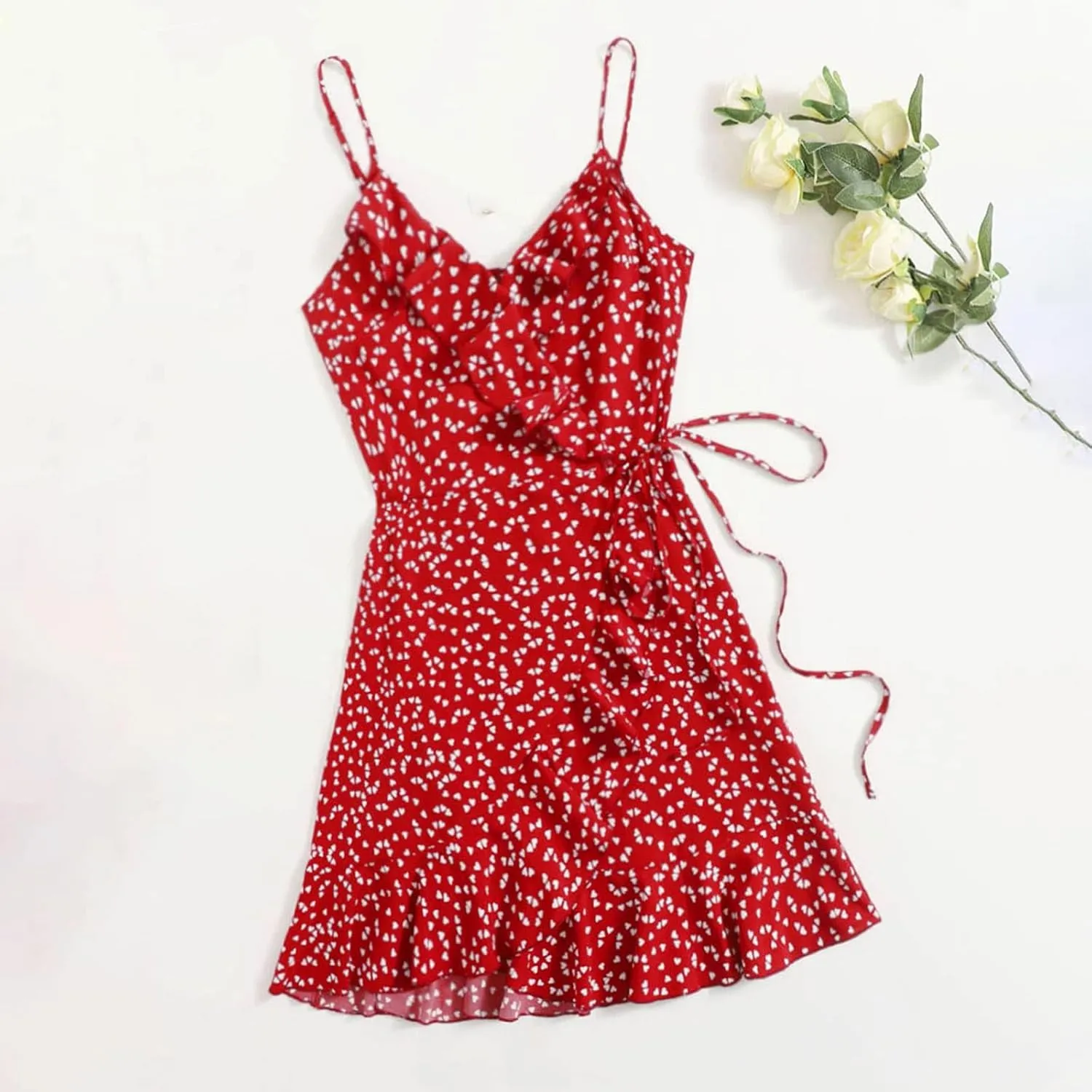 Spaghetti Strap Floral Mini Dress Women's Casual Wrap V-Neck Tie Side Ruffle Boho Dress Summer Beach Sundress