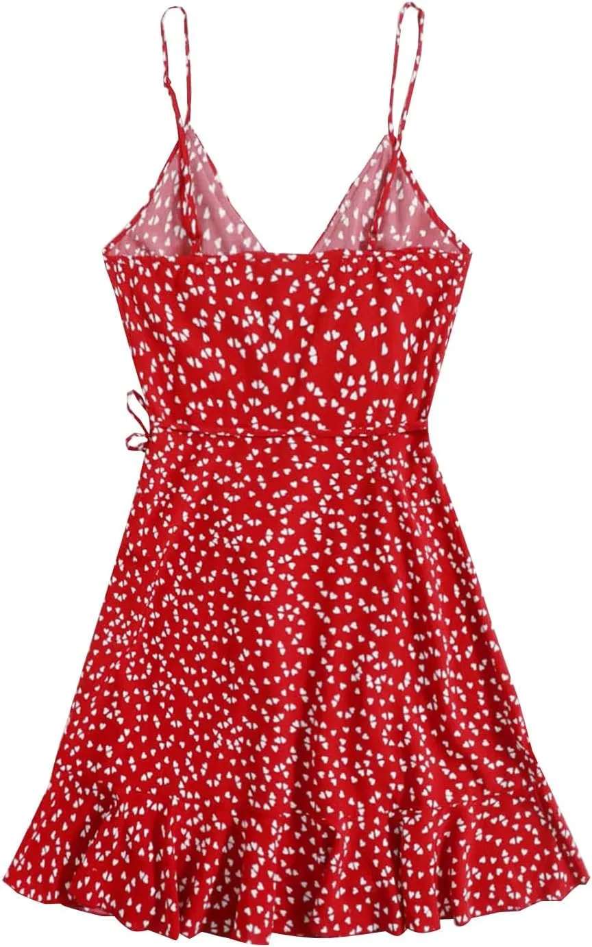 Spaghetti Strap Floral Mini Dress Women's Casual Wrap V-Neck Tie Side Ruffle Boho Dress Summer Beach Sundress