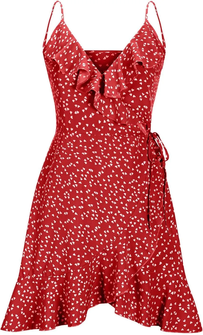 Spaghetti Strap Floral Mini Dress Women's Casual Wrap V-Neck Tie Side Ruffle Boho Dress Summer Beach Sundress