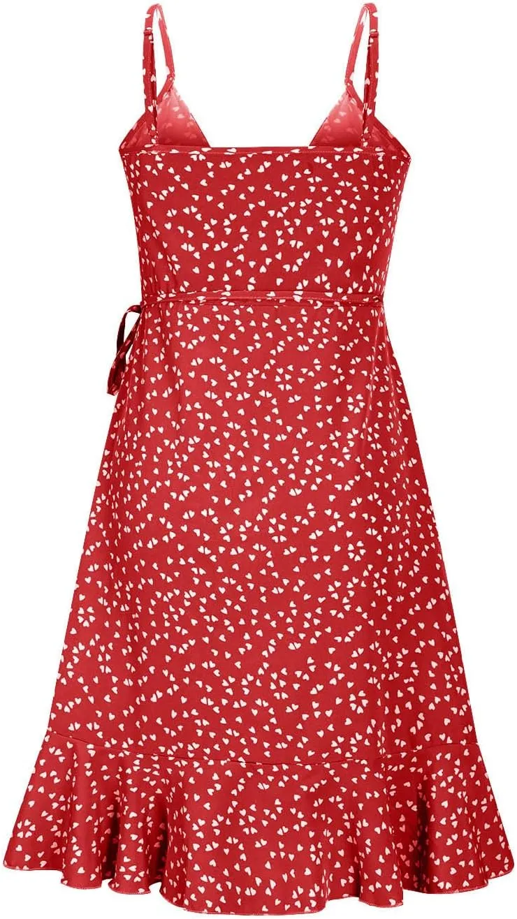 Spaghetti Strap Floral Mini Dress Women's Casual Wrap V-Neck Tie Side Ruffle Boho Dress Summer Beach Sundress