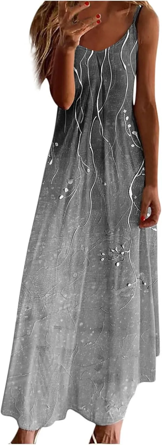 Spaghetti Strap Maxi Dresses for Women V Neck Sexy Casual Elegant Dress Summer Holiday Long Vintage Floral Sundress