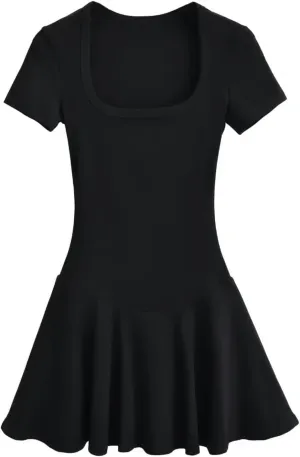 Sports one-Piece Square Neck Short-Sleeved Dress for Women Early New Ballet Style high-Waisted Pleated Skirt Short Skirt