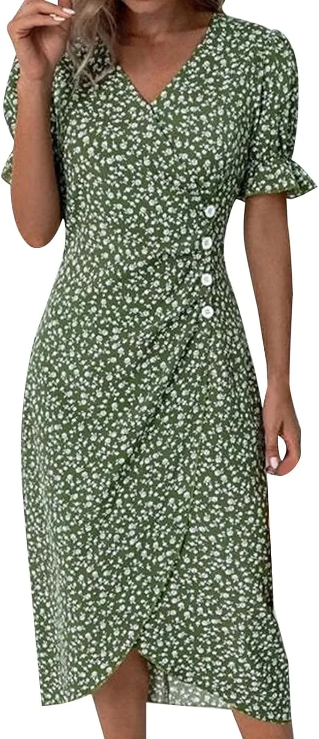 Spring Dresses for Women 2024 Vacation with Pockets Tie Front Color Block Swing Ruffle Beach Mini Dress Cotton Sundresses for Women Over 50 Casual Summer Dresses with Sleeves for Women 2024 Green