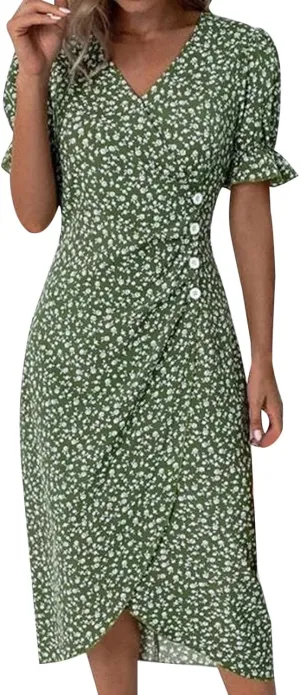 Spring Dresses for Women 2024 Vacation with Pockets Tie Front Color Block Swing Ruffle Beach Mini Dress Cotton Sundresses for Women Over 50 Casual Summer Dresses with Sleeves for Women 2024 Green