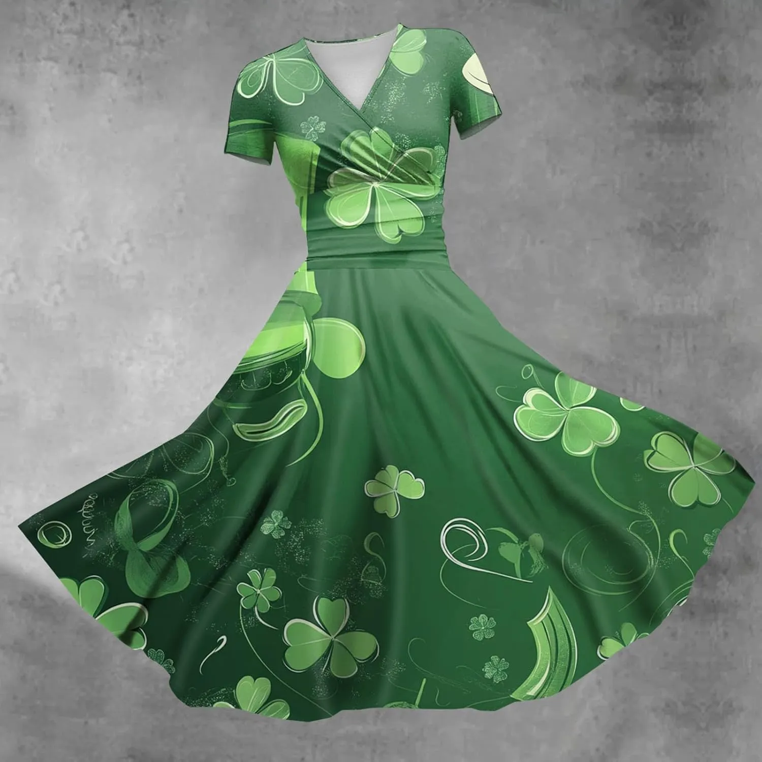 St Patricks Dress Women Dressy Short Sleeve Princess V Neck Pulled Ruffle Shamrock Print Waist Drawstring Sexy Dresses