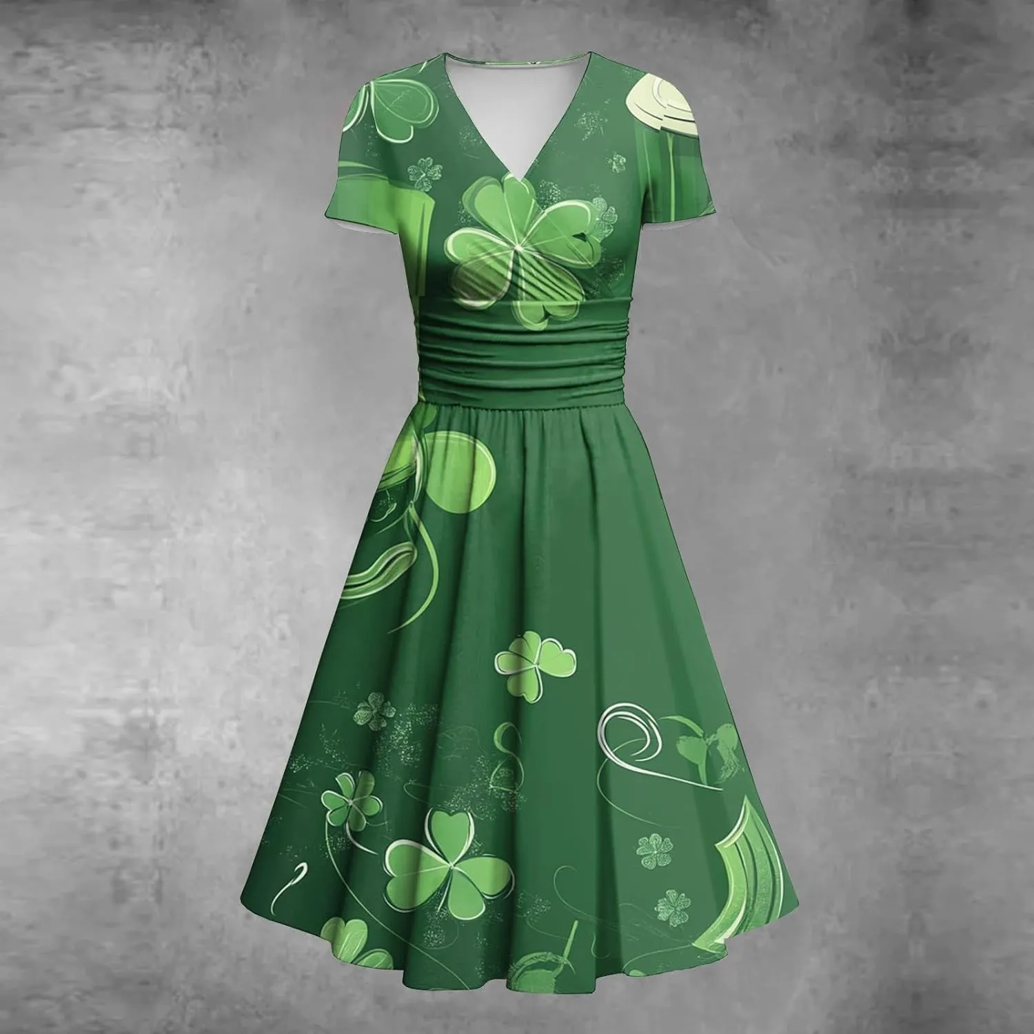 St Patricks Dress Women Dressy Short Sleeve Princess V Neck Pulled Ruffle Shamrock Print Waist Drawstring Sexy Dresses