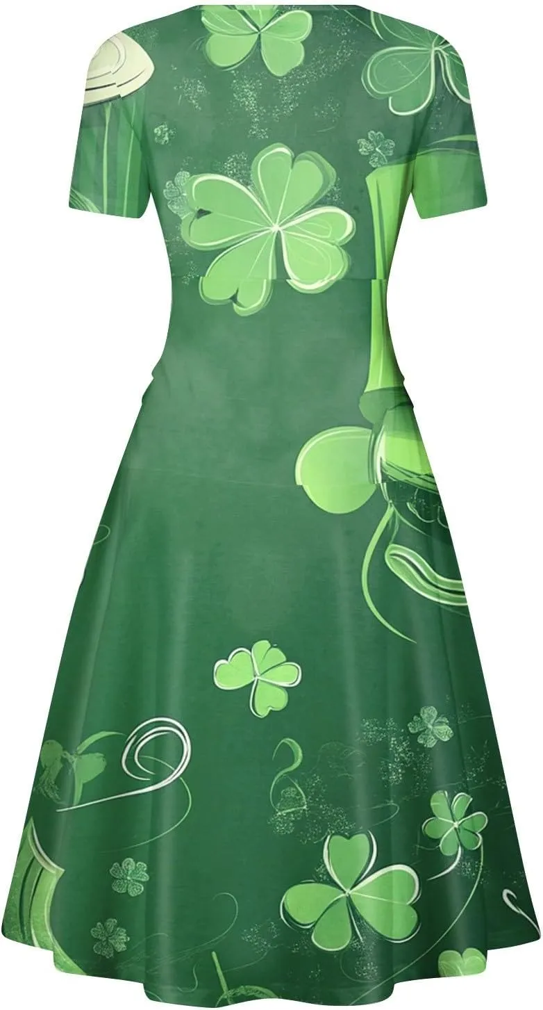 St Patricks Dress Women Dressy Short Sleeve Princess V Neck Pulled Ruffle Shamrock Print Waist Drawstring Sexy Dresses