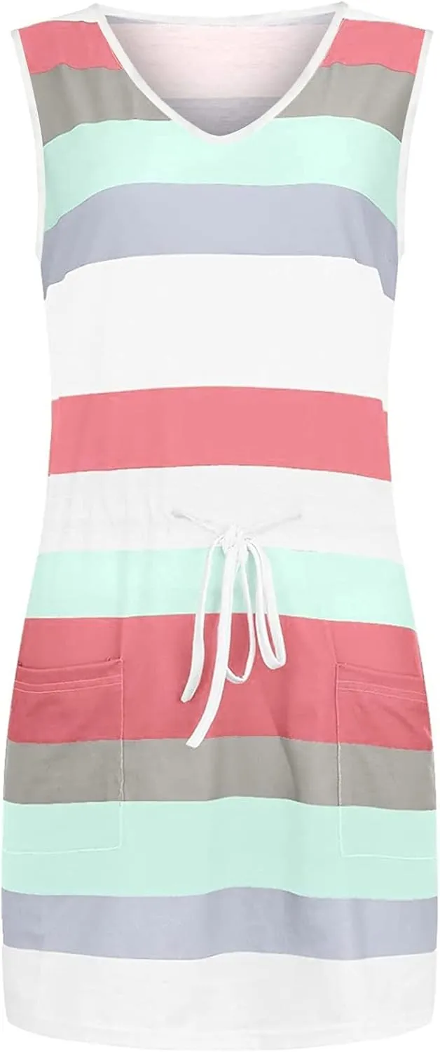 Striped Beach Dresses for Women Summer Sleeveless Sundress V Neck Drawstring Waist Mini Dress with Pocket 2025 New