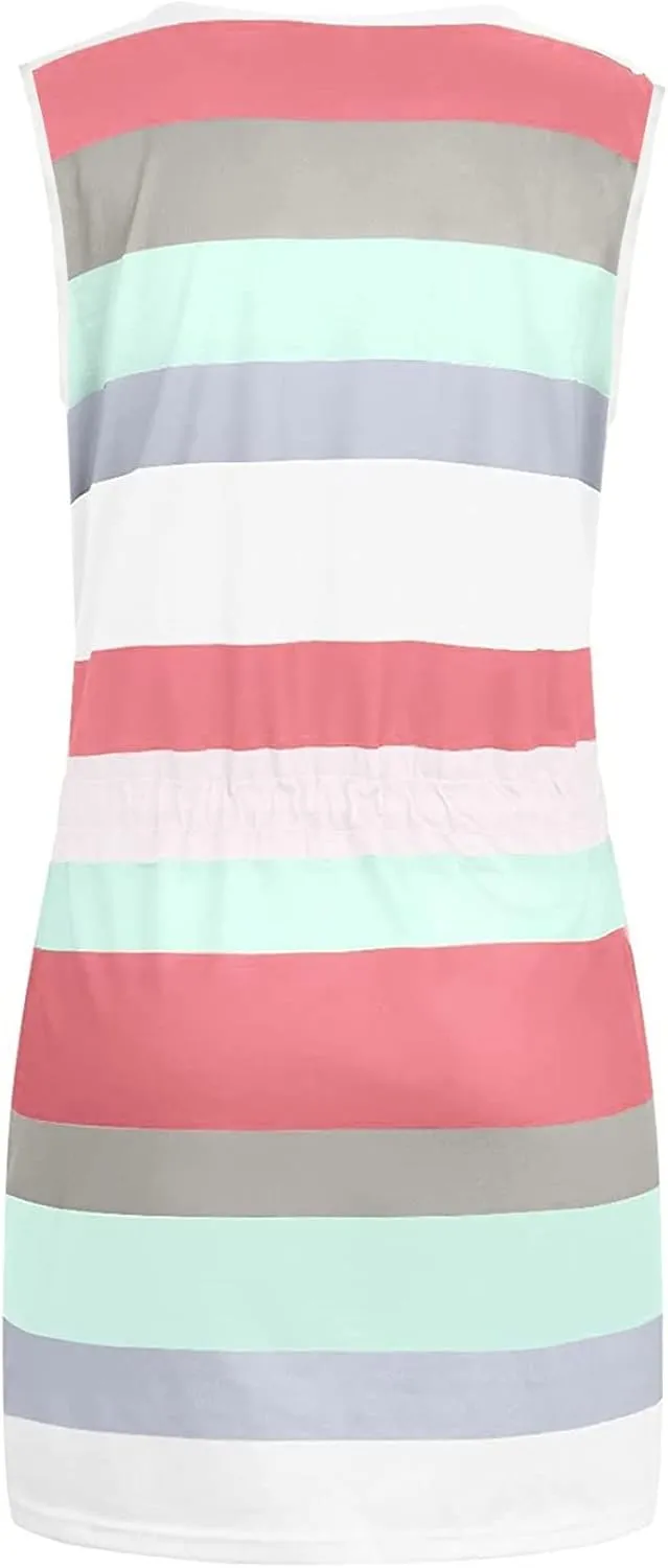 Striped Beach Dresses for Women Summer Sleeveless Sundress V Neck Drawstring Waist Mini Dress with Pocket 2025 New